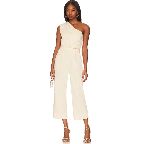 Free People Avery One Shoulder Jumpsuit Wide Leg Pockets Cream Ivory US 4 NWT - Picture 3 of 16